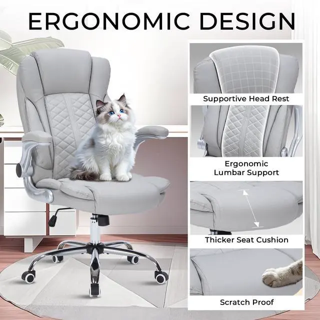 Alt view image 5 of 6 - 400lbs Executive Office Chair with Flip-Up Armrests, Big and Tall Computer Chair for Heavy People, Heavy Duty Ergonomic Comfy Chair, Breathable PU Leather (Grey)