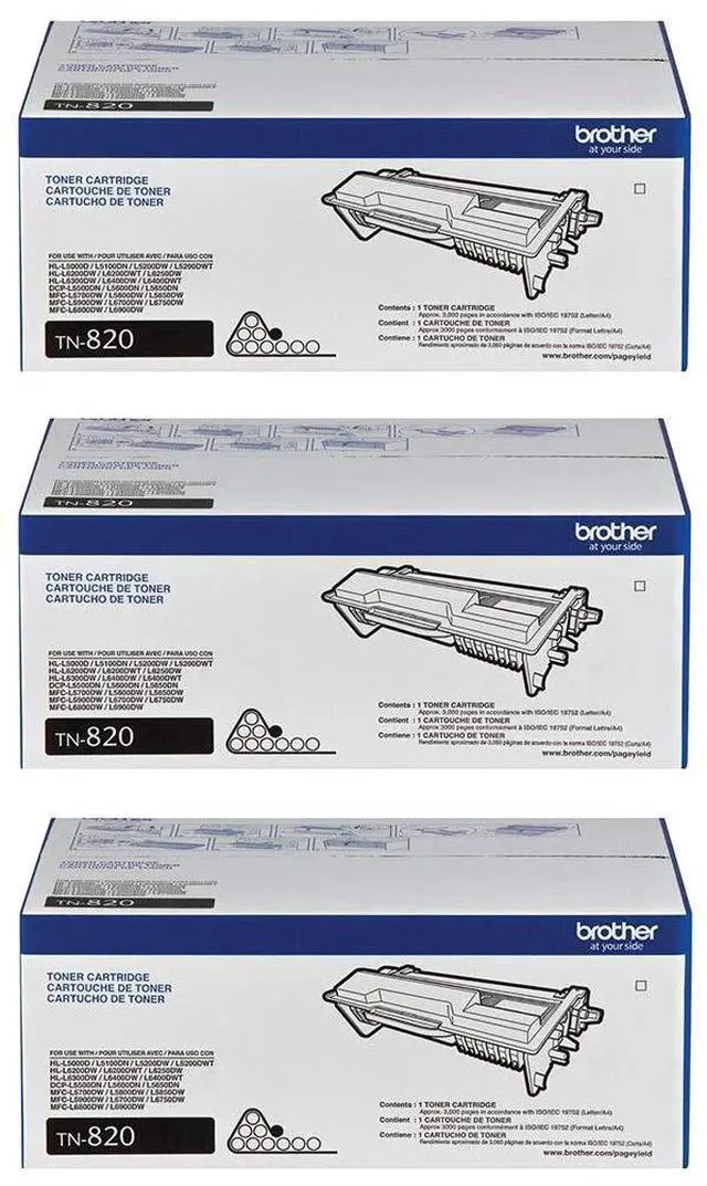 Main image of Genuine Black Toner Cartridge 3-Pack, TN820, Replacement Black Toner, Page Yield Up to 3,000 Pages Each