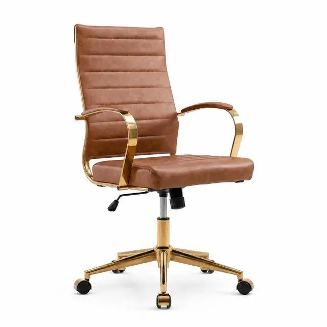 Main image of Gold Office Desk Chair, Ergonomic Leather Modern Conference Room Chairs, Executive Ribbed Height Adjustable Swivel Rolling Golden Chair for Home Office