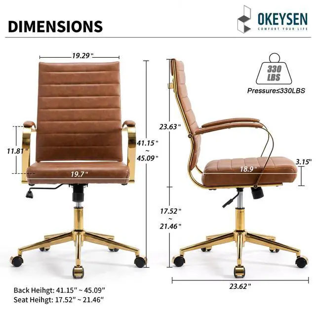 Alt view image 3 of 7 - Gold Office Desk Chair, Ergonomic Leather Modern Conference Room Chairs, Executive Ribbed Height Adjustable Swivel Rolling Golden Chair for Home Office