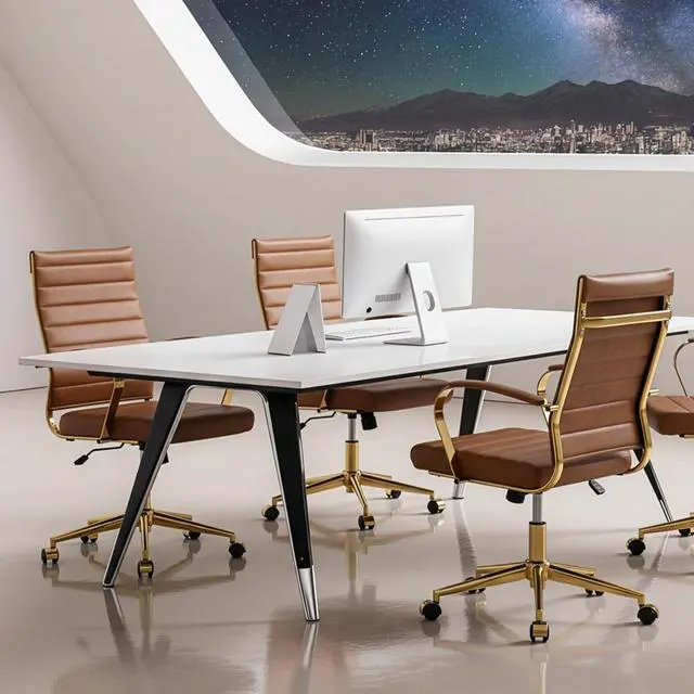 Alt view image 2 of 7 - Gold Office Desk Chair, Ergonomic Leather Modern Conference Room Chairs, Executive Ribbed Height Adjustable Swivel Rolling Golden Chair for Home Office