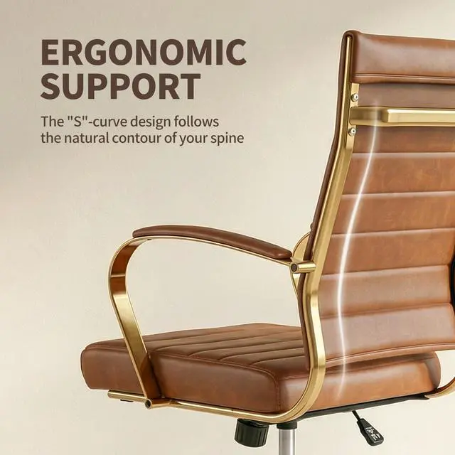 Alt view image 4 of 7 - Gold Office Desk Chair, Ergonomic Leather Modern Conference Room Chairs, Executive Ribbed Height Adjustable Swivel Rolling Golden Chair for Home Office