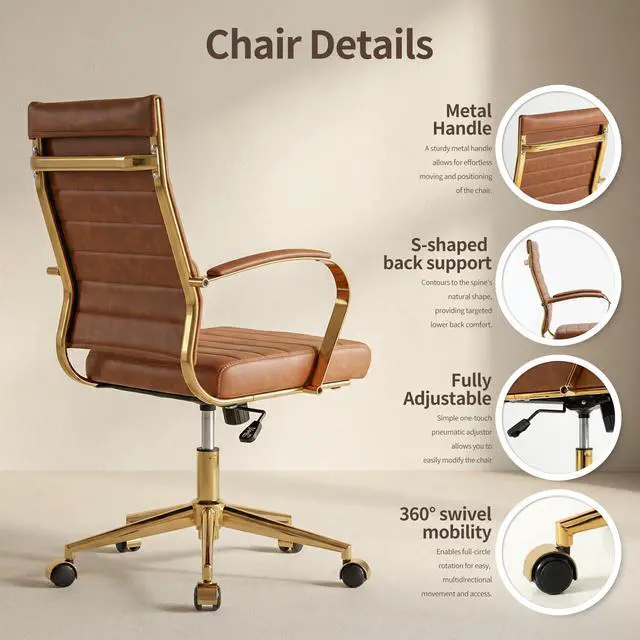 Alt view image 5 of 7 - Gold Office Desk Chair, Ergonomic Leather Modern Conference Room Chairs, Executive Ribbed Height Adjustable Swivel Rolling Golden Chair for Home Office