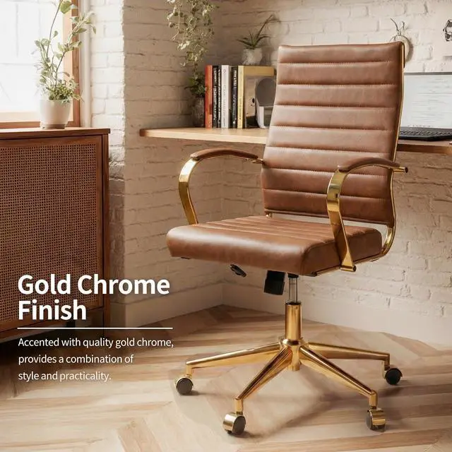 Alt view image 6 of 7 - Gold Office Desk Chair, Ergonomic Leather Modern Conference Room Chairs, Executive Ribbed Height Adjustable Swivel Rolling Golden Chair for Home Office