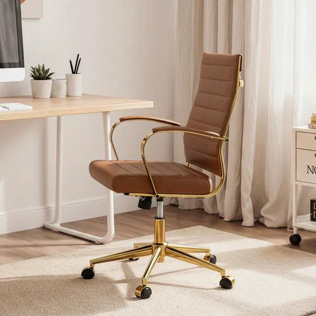 Alt view image 7 of 7 - Gold Office Desk Chair, Ergonomic Leather Modern Conference Room Chairs, Executive Ribbed Height Adjustable Swivel Rolling Golden Chair for Home Office
