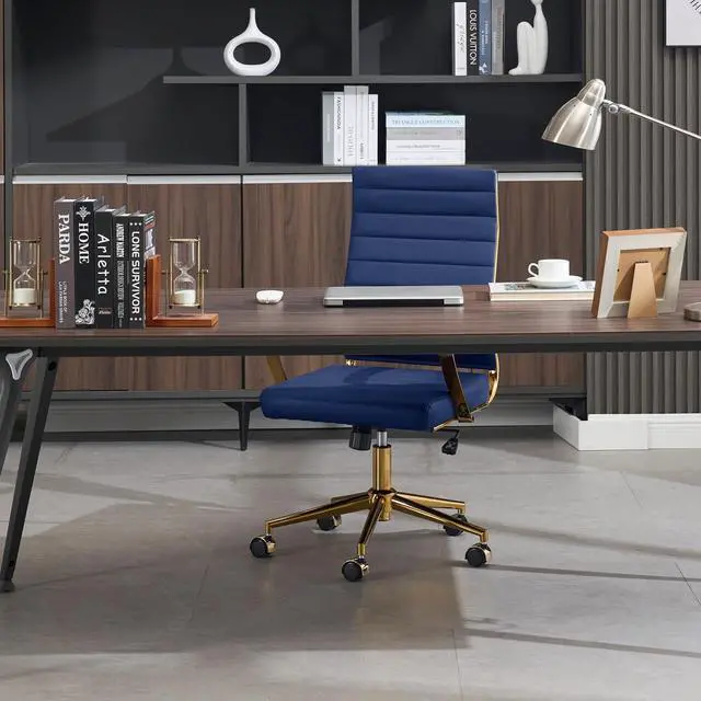 Alt view image 2 of 7 - Gold Office Desk Chair, Ergonomic Leather Modern Conference Room Chairs, Executive Ribbed Height Adjustable Swivel Rolling Golden Chair for Home Office