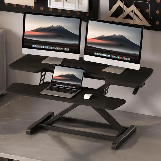 Alt view image 2 of 7 - Standing Desk Converter 40" Large Desk Riser, Spacious Desktop Riser Sit Stand Computer Workstation with Wide Keyboard Tray, Ergonomic Height Adjustable Stand Up Desk Converter, Black
