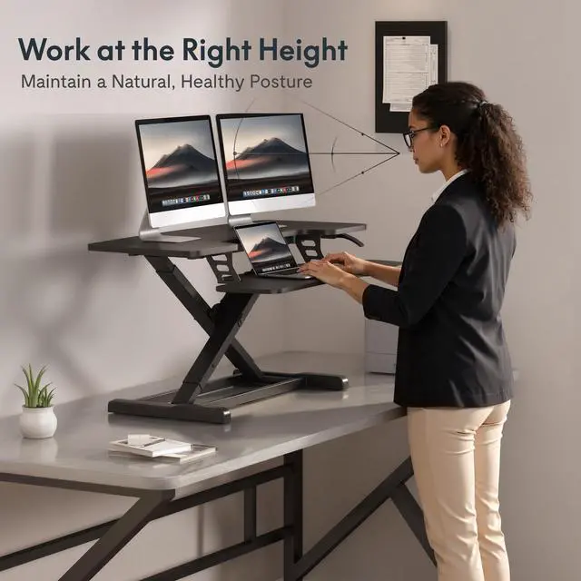 Alt view image 5 of 7 - Standing Desk Converter 40" Large Desk Riser, Spacious Desktop Riser Sit Stand Computer Workstation with Wide Keyboard Tray, Ergonomic Height Adjustable Stand Up Desk Converter, Black