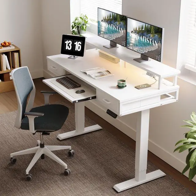 Alt view image 2 of 7 - 55 Inch Electric Standing Desk with Drawers & Keyboard Tray, White | Power Outlet, LED Lights, Monitor Stand, Cable Management Tray, 3 Memory Heights, 29.9"-46.1" in Range