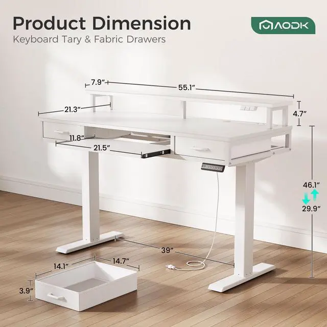 Alt view image 3 of 7 - 55 Inch Electric Standing Desk with Drawers & Keyboard Tray, White | Power Outlet, LED Lights, Monitor Stand, Cable Management Tray, 3 Memory Heights, 29.9"-46.1" in Range