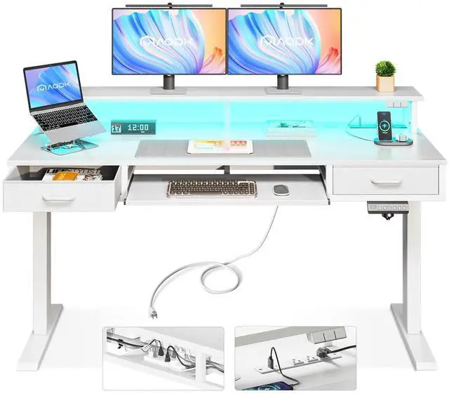 Main image of 55 Inch Electric Standing Desk with Drawers & Keyboard Tray, White | Power Outlet, LED Lights, Monitor Stand, Cable Management Tray, 3 Memory Heights, 29.9"-46.1" in Range