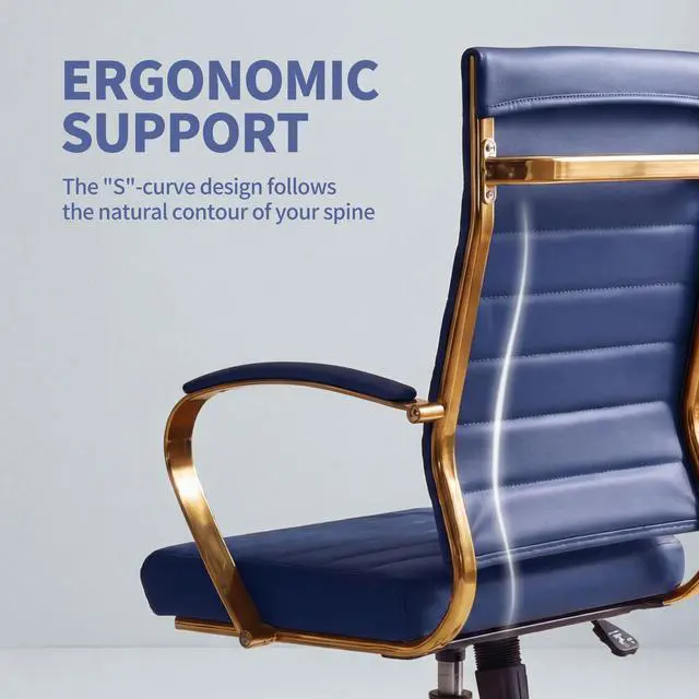 Alt view image 4 of 7 - Gold Office Desk Chair, Ergonomic Leather Modern Conference Room Chairs, Executive Ribbed Height Adjustable Swivel Rolling Golden Chair for Home Office