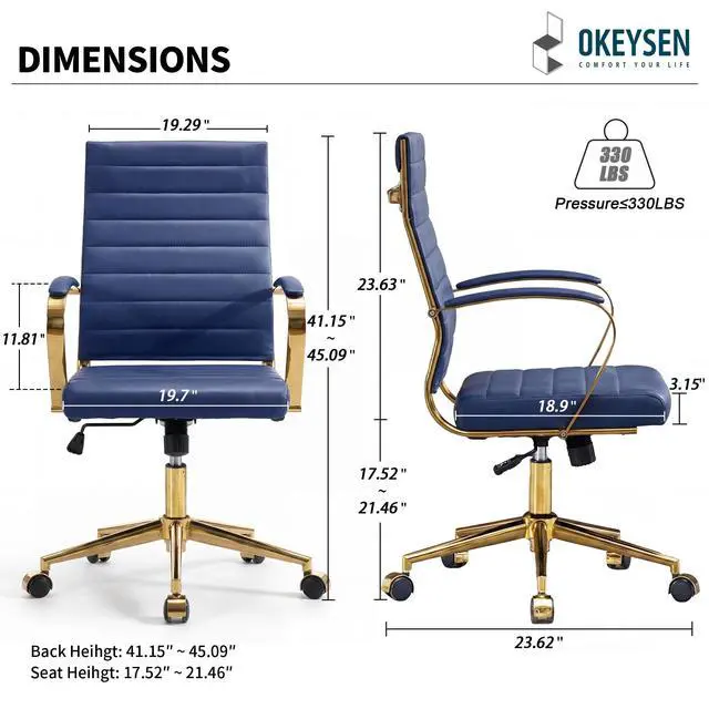 Alt view image 3 of 7 - Gold Office Desk Chair, Ergonomic Leather Modern Conference Room Chairs, Executive Ribbed Height Adjustable Swivel Rolling Golden Chair for Home Office
