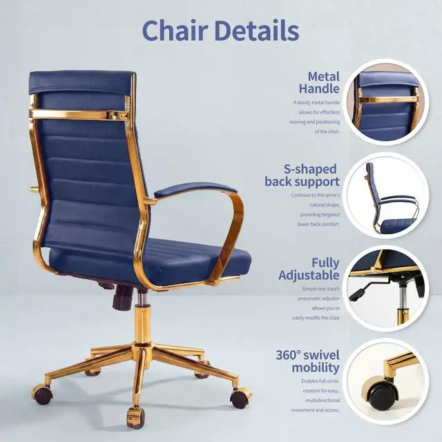 Alt view image 5 of 7 - Gold Office Desk Chair, Ergonomic Leather Modern Conference Room Chairs, Executive Ribbed Height Adjustable Swivel Rolling Golden Chair for Home Office
