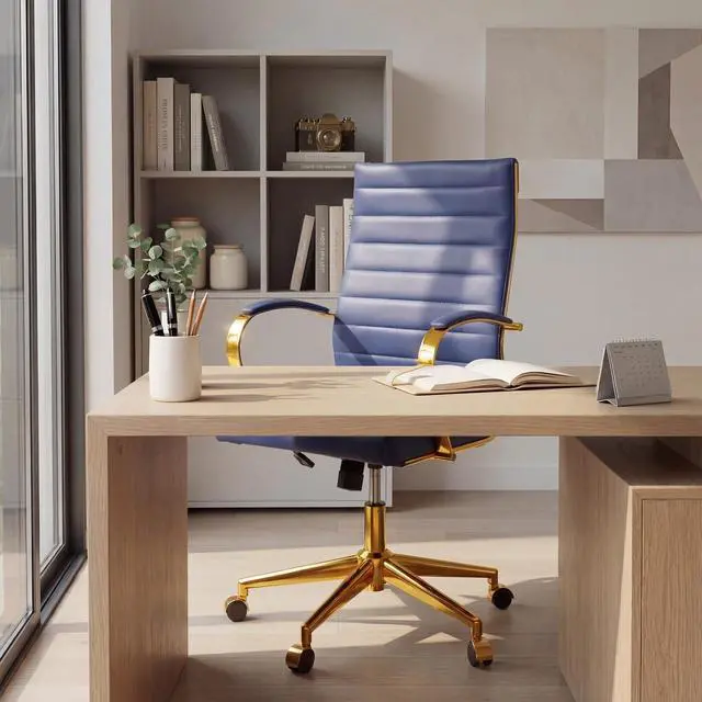 Alt view image 7 of 7 - Gold Office Desk Chair, Ergonomic Leather Modern Conference Room Chairs, Executive Ribbed Height Adjustable Swivel Rolling Golden Chair for Home Office