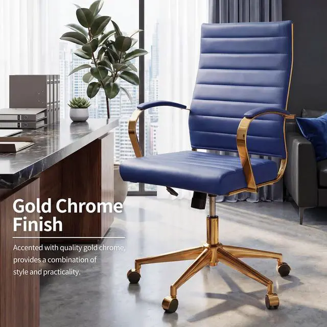 Alt view image 6 of 7 - Gold Office Desk Chair, Ergonomic Leather Modern Conference Room Chairs, Executive Ribbed Height Adjustable Swivel Rolling Golden Chair for Home Office