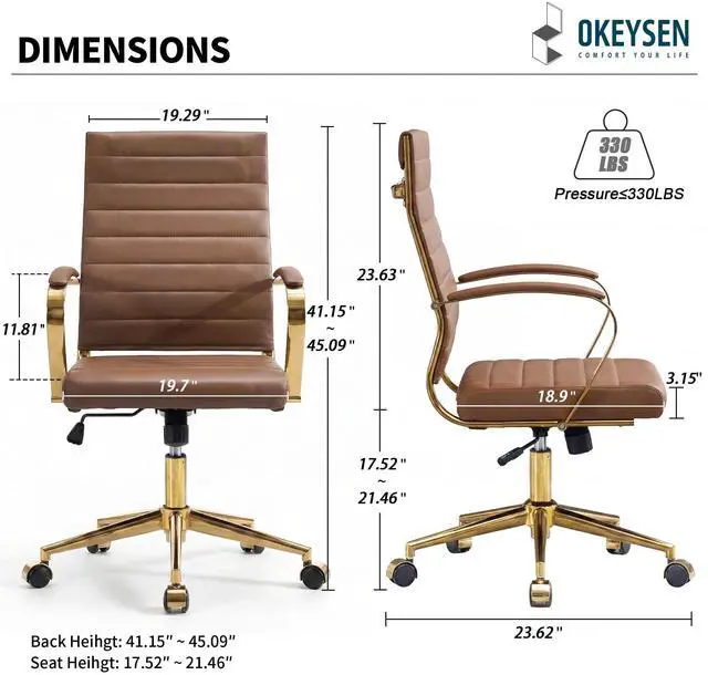Alt view image 3 of 7 - Gold Office Desk Chair, Ergonomic Leather Modern Conference Room Chairs, Executive Ribbed Height Adjustable Swivel Rolling Golden Chair for Home Office