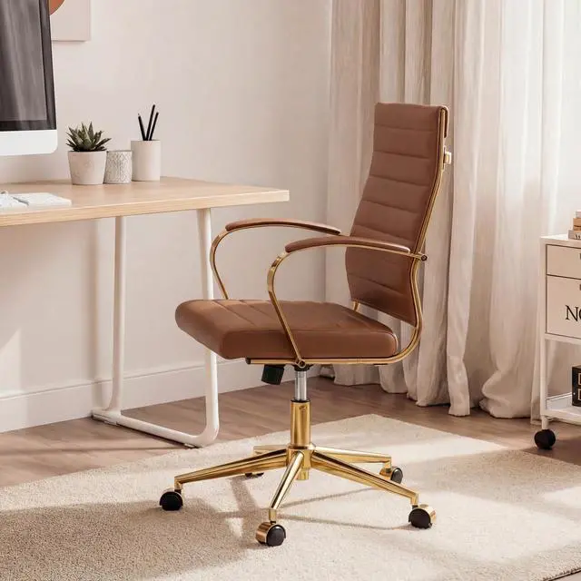 Alt view image 2 of 7 - Gold Office Desk Chair, Ergonomic Leather Modern Conference Room Chairs, Executive Ribbed Height Adjustable Swivel Rolling Golden Chair for Home Office
