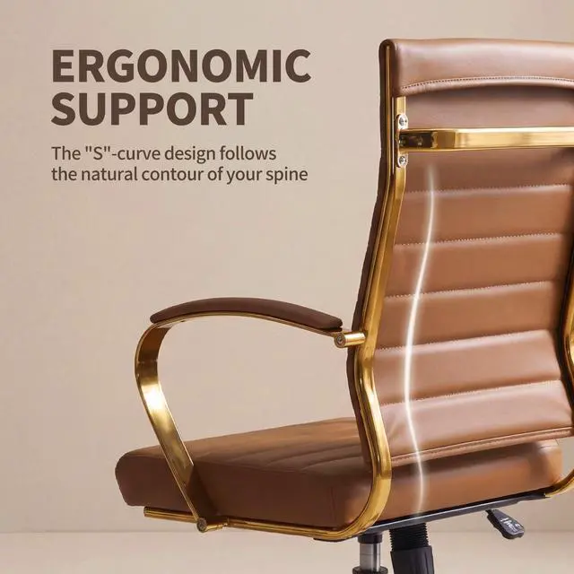 Alt view image 4 of 7 - Gold Office Desk Chair, Ergonomic Leather Modern Conference Room Chairs, Executive Ribbed Height Adjustable Swivel Rolling Golden Chair for Home Office
