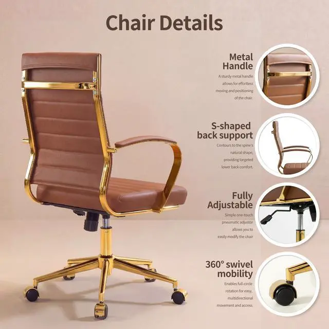 Alt view image 5 of 7 - Gold Office Desk Chair, Ergonomic Leather Modern Conference Room Chairs, Executive Ribbed Height Adjustable Swivel Rolling Golden Chair for Home Office