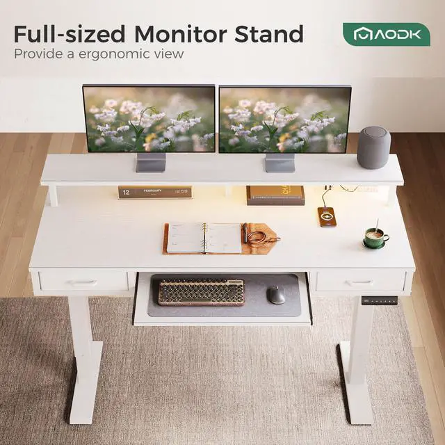 Alt view image 5 of 7 - 55 Inch Electric Standing Desk with Drawers & Keyboard Tray, White | Power Outlet, LED Lights, Monitor Stand, Cable Management Tray, 3 Memory Heights, 29.9"-46.1" in Range