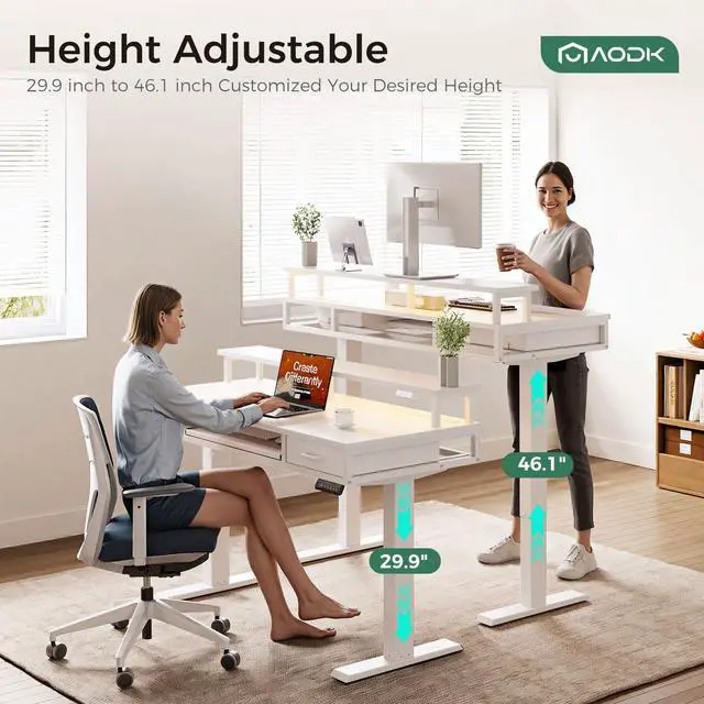 Alt view image 4 of 7 - 55 Inch Electric Standing Desk with Drawers & Keyboard Tray, White | Power Outlet, LED Lights, Monitor Stand, Cable Management Tray, 3 Memory Heights, 29.9"-46.1" in Range