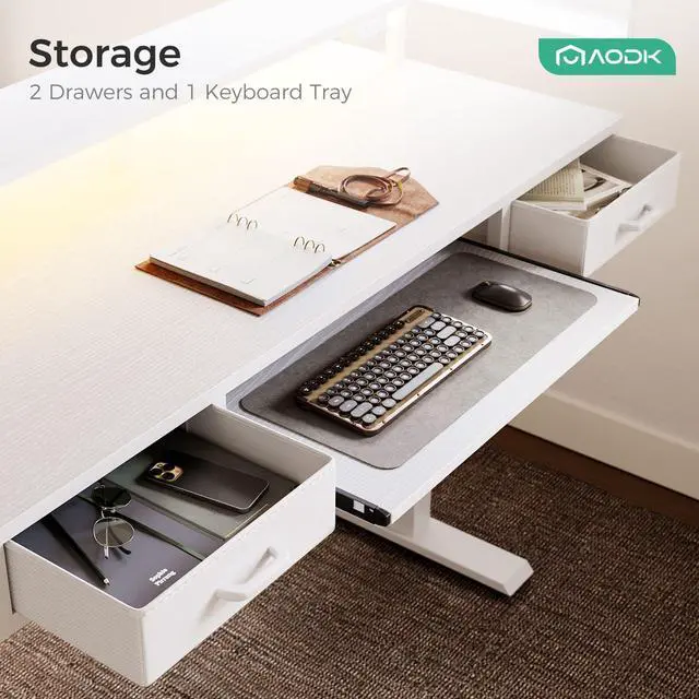 Alt view image 7 of 7 - 55 Inch Electric Standing Desk with Drawers & Keyboard Tray, White | Power Outlet, LED Lights, Monitor Stand, Cable Management Tray, 3 Memory Heights, 29.9"-46.1" in Range