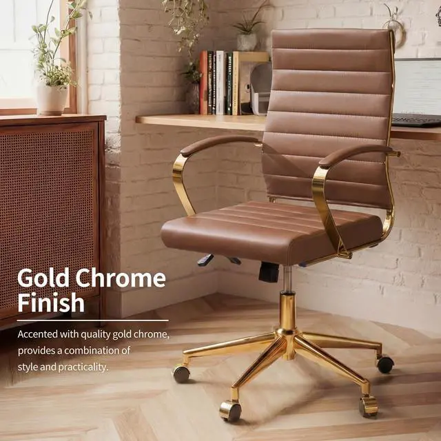 Alt view image 6 of 7 - Gold Office Desk Chair, Ergonomic Leather Modern Conference Room Chairs, Executive Ribbed Height Adjustable Swivel Rolling Golden Chair for Home Office