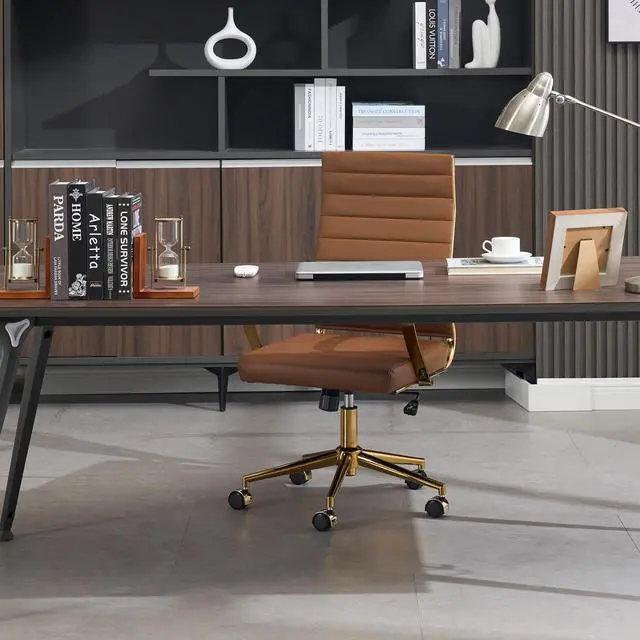 Alt view image 7 of 7 - Gold Office Desk Chair, Ergonomic Leather Modern Conference Room Chairs, Executive Ribbed Height Adjustable Swivel Rolling Golden Chair for Home Office