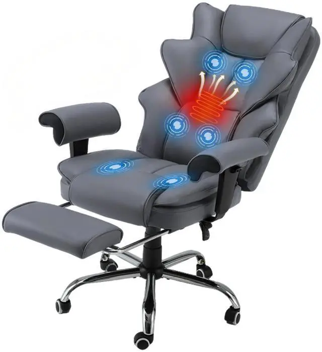 Main image of Grey Ergonomic Office Chair | 6-Point Vibration Massage & Heat, Reclining Executive Chair, Adjustable Footrest and Armrests, PU Leather Big and Tall