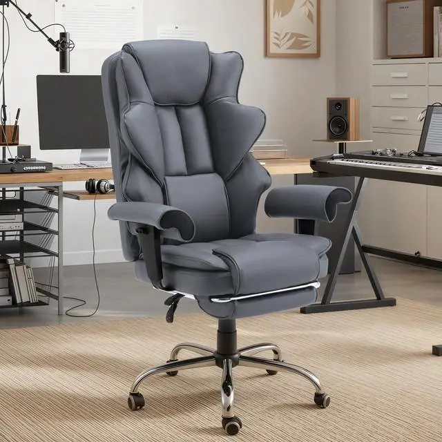 Alt view image 2 of 7 - Grey Ergonomic Office Chair | 6-Point Vibration Massage & Heat, Reclining Executive Chair, Adjustable Footrest and Armrests, PU Leather Big and Tall