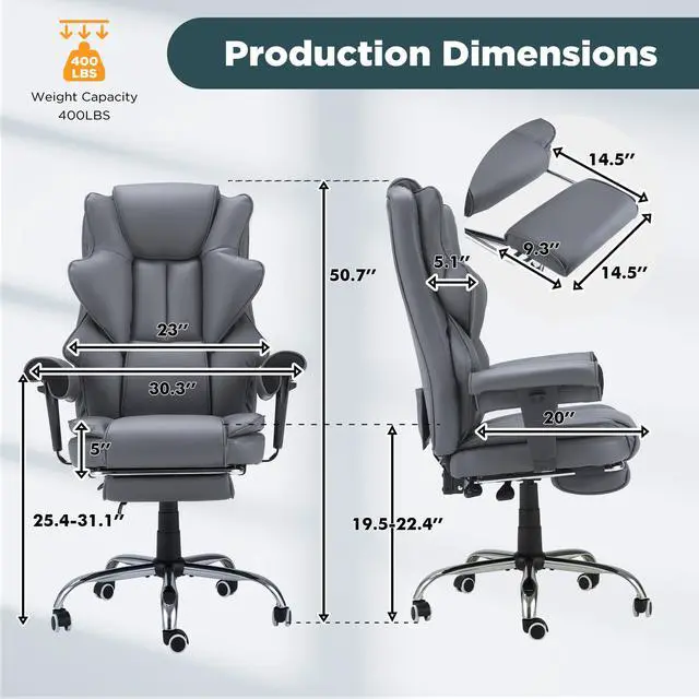 Alt view image 3 of 7 - Grey Ergonomic Office Chair | 6-Point Vibration Massage & Heat, Reclining Executive Chair, Adjustable Footrest and Armrests, PU Leather Big and Tall