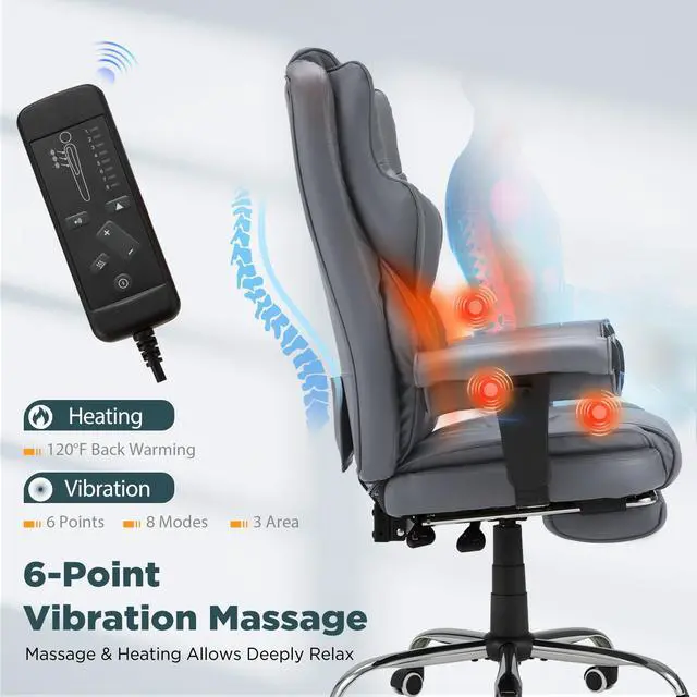 Alt view image 4 of 7 - Grey Ergonomic Office Chair | 6-Point Vibration Massage & Heat, Reclining Executive Chair, Adjustable Footrest and Armrests, PU Leather Big and Tall