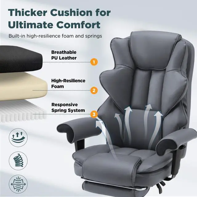 Alt view image 5 of 7 - Grey Ergonomic Office Chair | 6-Point Vibration Massage & Heat, Reclining Executive Chair, Adjustable Footrest and Armrests, PU Leather Big and Tall