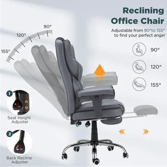 Alt view image 6 of 7 - Grey Ergonomic Office Chair | 6-Point Vibration Massage & Heat, Reclining Executive Chair, Adjustable Footrest and Armrests, PU Leather Big and Tall