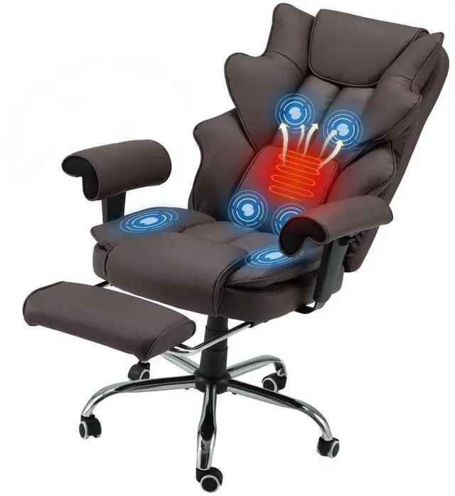 Main image of Brown Ergonomic Office Chair | 6-Point Vibration Massage & Heat, Reclining Executive Chair, Adjustable Footrest and Armrests, PU Leather Big and Tall