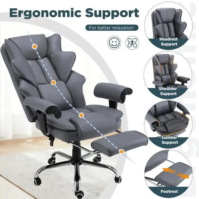 Alt view image 7 of 7 - Grey Ergonomic Office Chair | 6-Point Vibration Massage & Heat, Reclining Executive Chair, Adjustable Footrest and Armrests, PU Leather Big and Tall