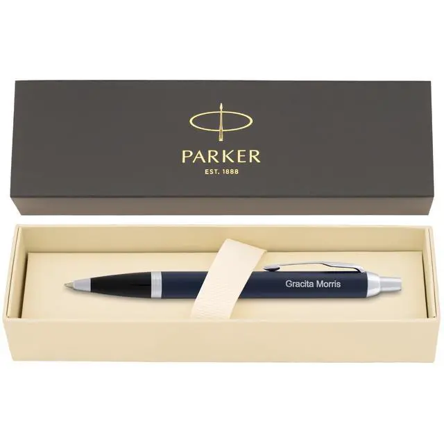 Main image of Parker IM Personalized Ballpoint Pen in Matte Blue with Chrome Trim | Engraved Pen for Graduation, Career Advancement, Birthdays, New Job, Parker Gift Box Included