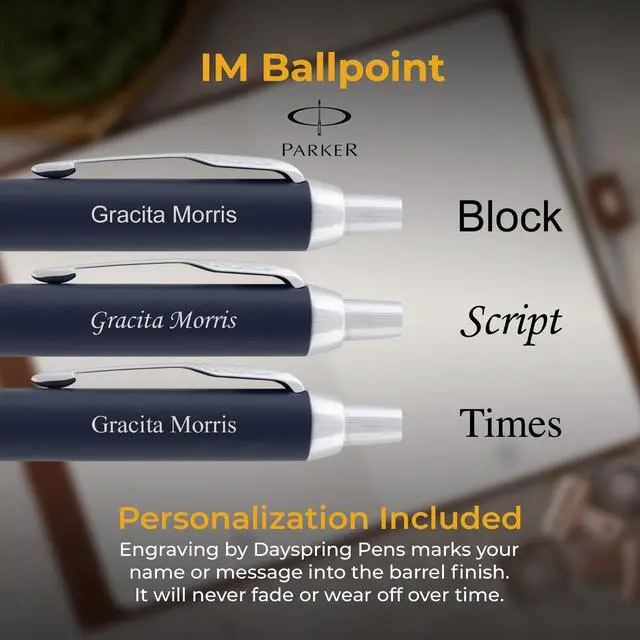 Alt view image 3 of 7 - Parker IM Personalized Ballpoint Pen in Matte Blue with Chrome Trim | Engraved Pen for Graduation, Career Advancement, Birthdays, New Job, Parker Gift Box Included