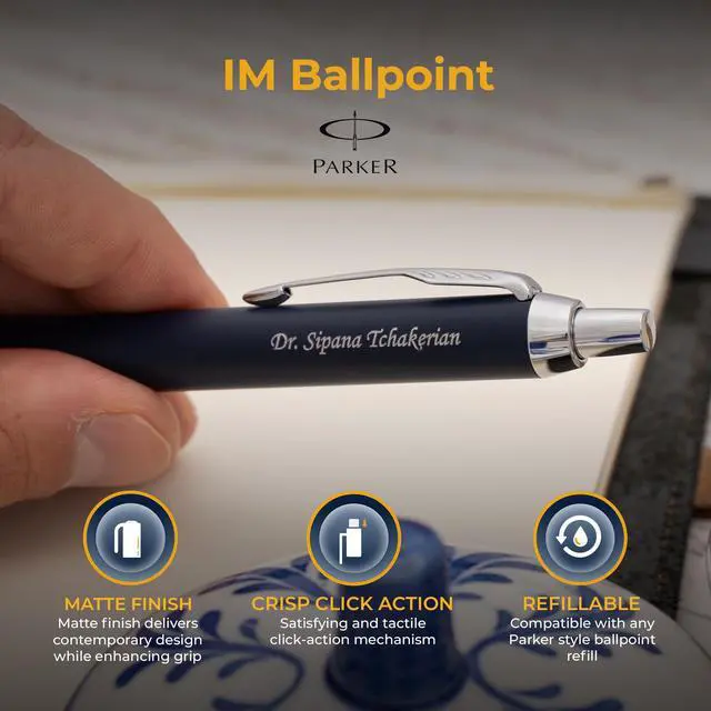Alt view image 4 of 7 - Parker IM Personalized Ballpoint Pen in Matte Blue with Chrome Trim | Engraved Pen for Graduation, Career Advancement, Birthdays, New Job, Parker Gift Box Included