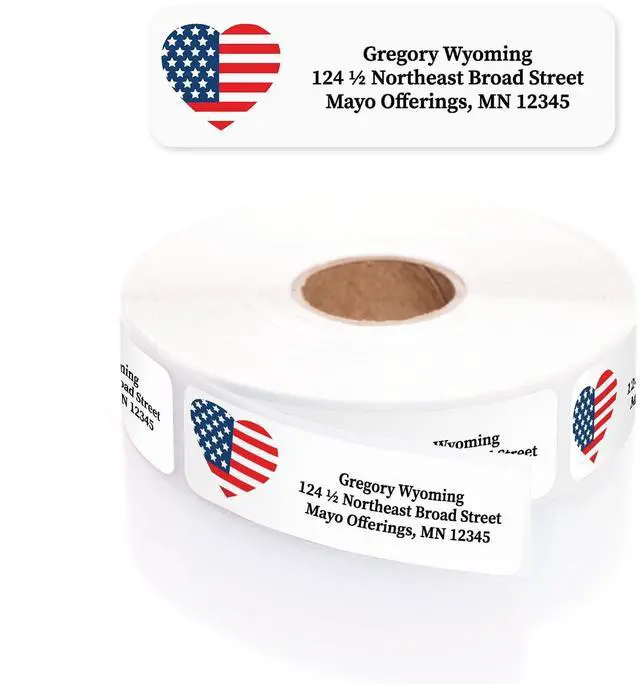 Main image of American Flag Heart Rolled Address Labels/Roll of 500 Personalized Return Address Labels/Designer Return Address Stickers in Elegant Plastic Dispenser