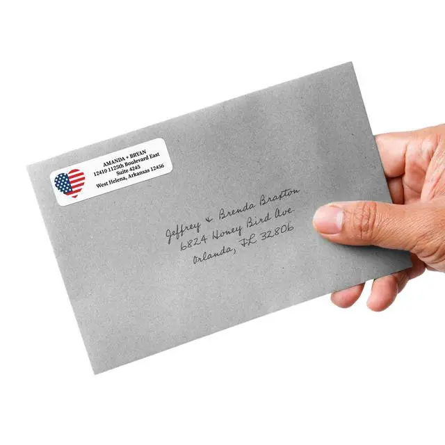 Alt view image 3 of 6 - American Flag Heart Rolled Address Labels/Roll of 500 Personalized Return Address Labels/Designer Return Address Stickers in Elegant Plastic Dispenser