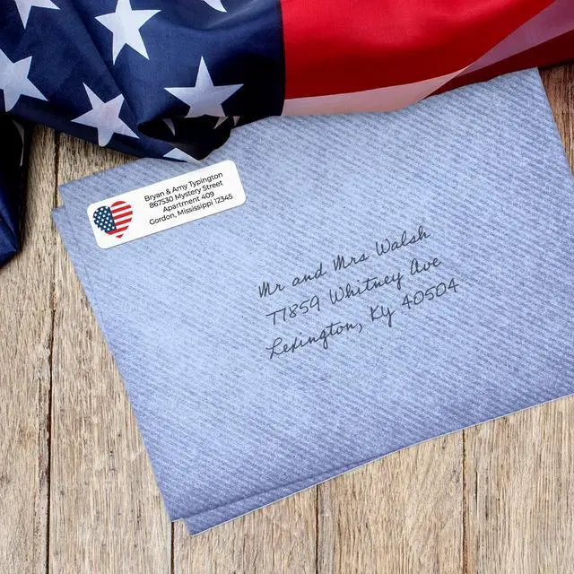 Alt view image 4 of 6 - American Flag Heart Rolled Address Labels/Roll of 500 Personalized Return Address Labels/Designer Return Address Stickers in Elegant Plastic Dispenser