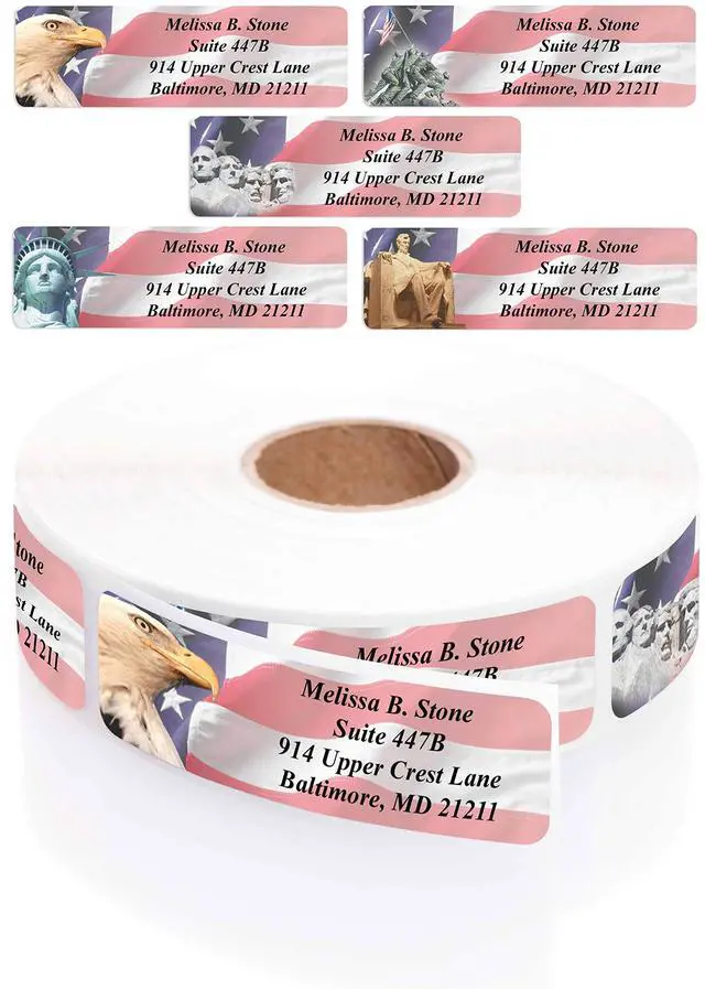 Main image of American Liberty Assorted Designer Rolled Address Labels - 500 Labels per Roll - 2 1/2 Inches Long x 3/4 Inch High - Elegant Plastic Dispenser Included