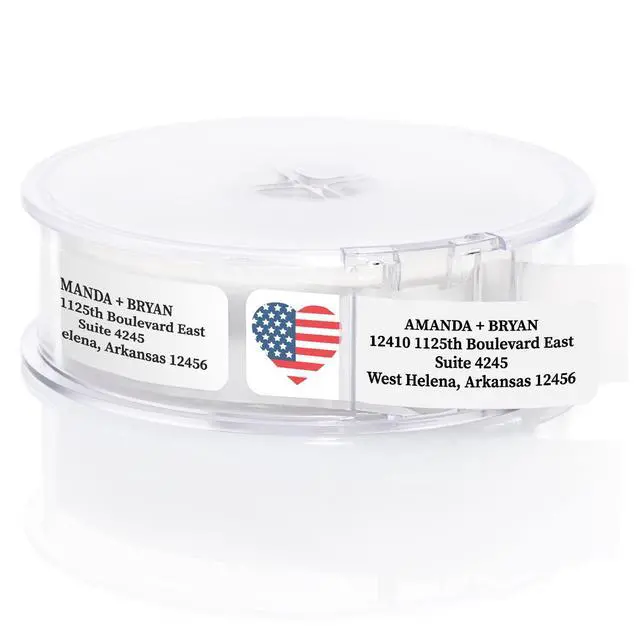 Alt view image 2 of 6 - American Flag Heart Rolled Address Labels/Roll of 500 Personalized Return Address Labels/Designer Return Address Stickers in Elegant Plastic Dispenser