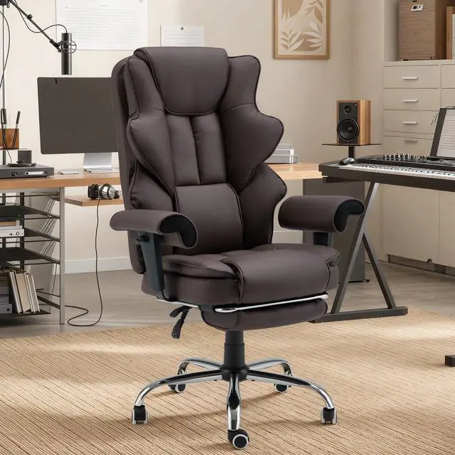 Alt view image 2 of 7 - Brown Ergonomic Office Chair | 6-Point Vibration Massage & Heat, Reclining Executive Chair, Adjustable Footrest and Armrests, PU Leather Big and Tall