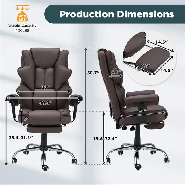 Alt view image 3 of 7 - Brown Ergonomic Office Chair | 6-Point Vibration Massage & Heat, Reclining Executive Chair, Adjustable Footrest and Armrests, PU Leather Big and Tall