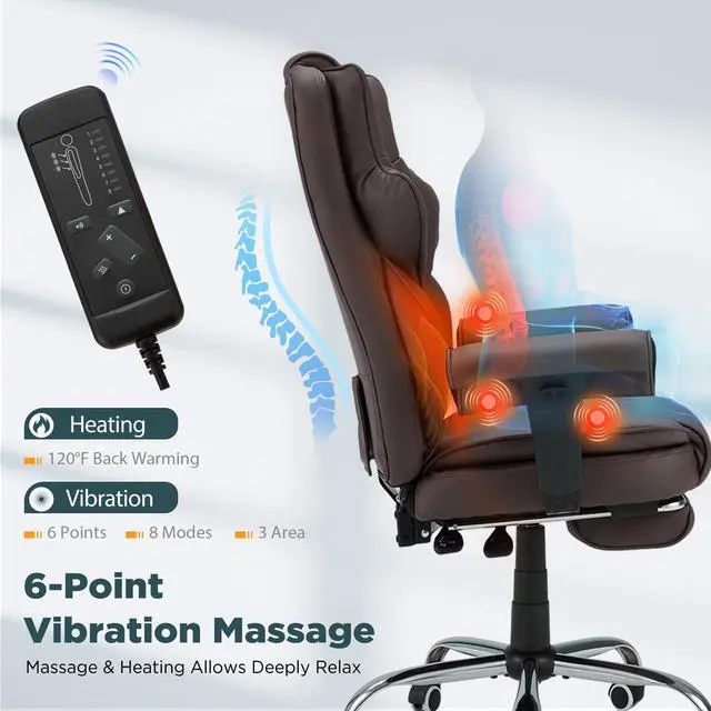 Alt view image 6 of 7 - Brown Ergonomic Office Chair | 6-Point Vibration Massage & Heat, Reclining Executive Chair, Adjustable Footrest and Armrests, PU Leather Big and Tall