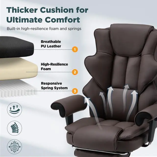 Alt view image 5 of 7 - Brown Ergonomic Office Chair | 6-Point Vibration Massage & Heat, Reclining Executive Chair, Adjustable Footrest and Armrests, PU Leather Big and Tall