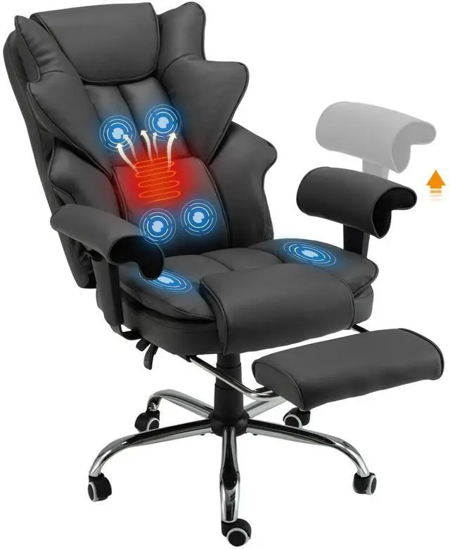 Main image of Ergonomic Executive Chair with 6-Point Vibration & Heat, Reclining PU Leather Big & Tall Desk Chair, Retractable Footrest & Adjustable Armrest for Home Office Gaming Study, Black